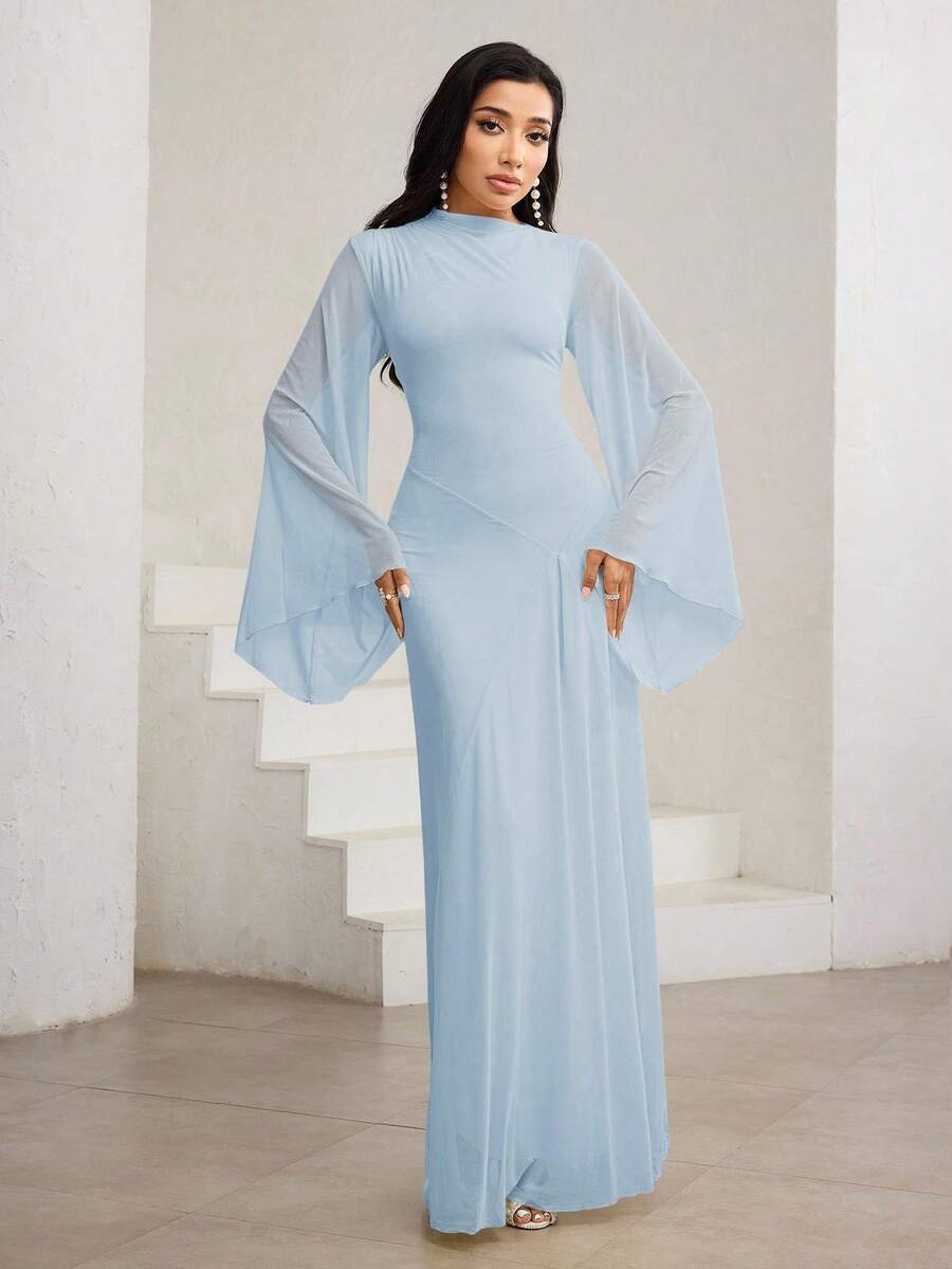 Veilorie Asymmetric Hem Ruched Oblique Collar Elegant Mustard Yellow Flare Sleeve Dress - Baby Blue - View 1