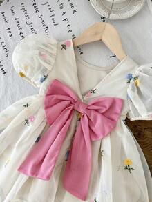 LMoss Kids 女婴可爱碎花薄纱短袖连衣裙，杏色 - 白色 - 查看 3