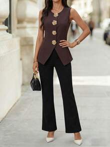 Editum Women's Sleeveless Vest Waistcoat, Brown Round Neck Rose Gold Metal Button, Elegant For Daily Wear, Commute, Autumn/Winter, Early Spring Dark Brown Top Women Sleeveless Tops Classy Top Tops For Women Elegant Business Casual Tops Woman