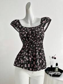 SHEIN Clasi Elegant Women's Black & Purple Waist Drawstring Bow Tie Casual Tank Top, Niche Design - Purple - View 1