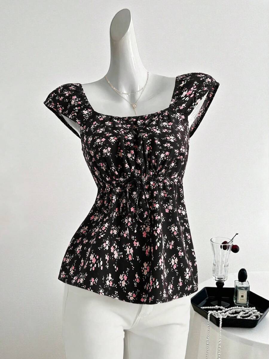 SHEIN Clasi Elegant Women's Black & Purple Waist Drawstring Bow Tie Casual Tank Top, Niche Design - Purple - View 1