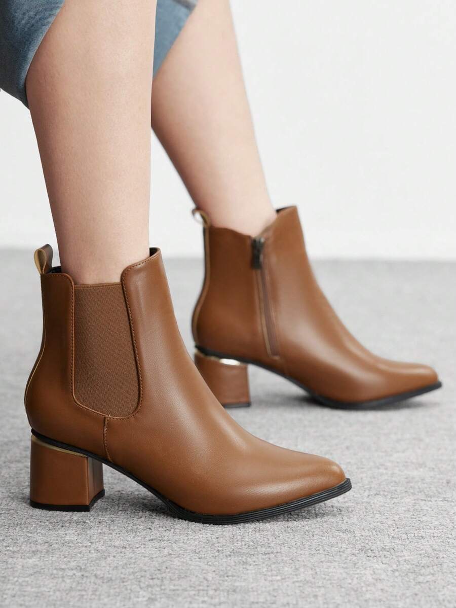CUCCOO BIZCHIC Botas de tobillo y botas cortas de mujer con puntera puntiaguda, banda elástica blanca y tacón grueso, clásicas y apropiadas para ir al trabajo
