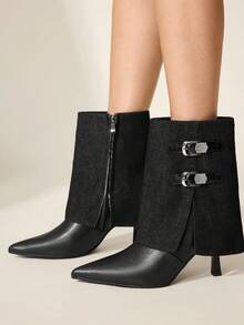 CUCCOO CHICEST Women's Fashion Versatile Commuter Buckle Pointed Toe High Heel Boots Valentine's Day - Black - View 6