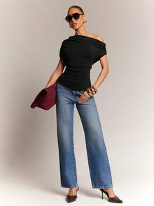 Hauture Women's Office Casual Dialy Simple Off Shoulder Wool Like Knit Ruched Top - Black - View 3