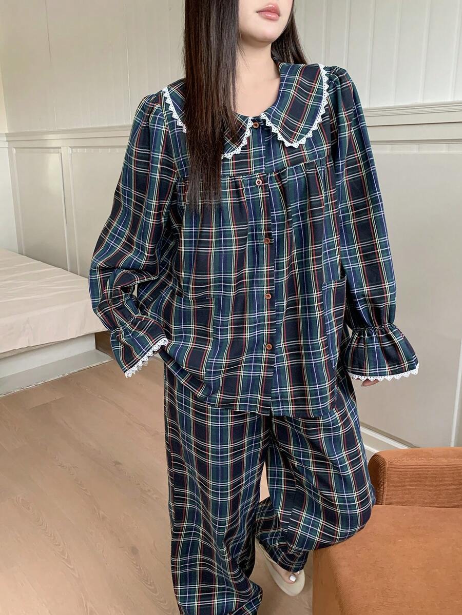 Dazy Plus 加大码女式格子彼得潘领喇叭袖上衣和裤子圣诞新年睡衣套装，红色，春秋季 - 藏蓝色 - 查看 1