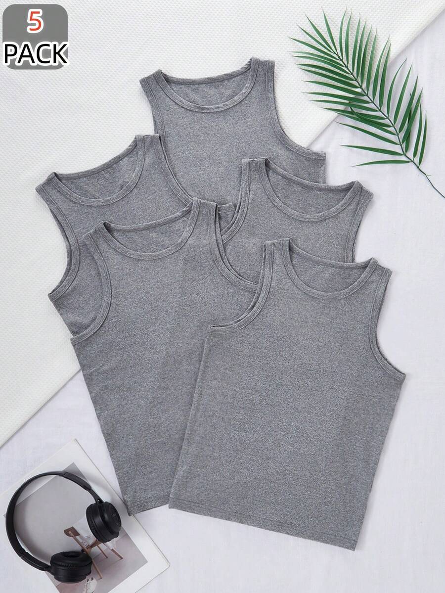 5件装男童舒适休闲无袖纯灰色圆领打底背心，百搭基础款，柔软弹力针织面料，可机洗 - 彩色 - 查看 1