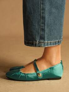 Rosivie 2025夏季新款法式方头百搭黑色镂空编织带低帮透气舒适平底女鞋 - 綠色 - 查看 2