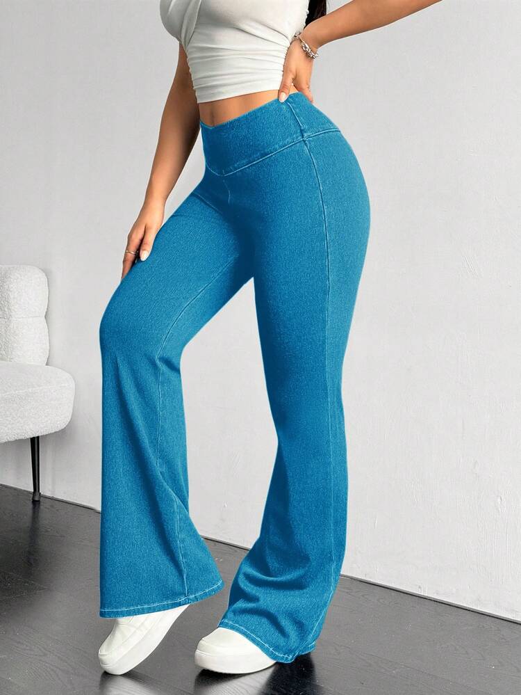 Flexra Plus Size Women Elastic Waist Casual Versatile Flare Leg Jeans - Mint Blue - View 5