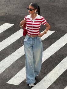 Muchica Áo thun nữ tay ngắn cổ polo kẻ sọc đỏ trắng ôm dáng - Đỏ và trắng - Xem 6