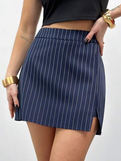 Firerie Navy Pinstripe Tailored Skort – Built-In Shorts Mini Skirt For Effortless Work-To-Weekend Style,Women's Casual Striped Commuter Skorts,Pinstripe Skirt, Tailored Skort, Skort Women, Workwear, Preppy Street Style, Office Mini Skirt, Fall Capsule Wardrobe, Navy Skirt Shorts, Chic Work , Minimalist Fashion