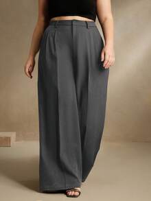 Anewsta Plus Size Women's Solid Color Pocket Pleated Fashionable Minimalist Modern Elegant Wide Leg Pants - Dark Grey - View 6