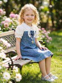 女童象牙色翻领泡泡袖牛仔拼接连衣裙，饰有花朵串珠，优雅时尚的夏季女童装扮 - 白色 - 查看 8