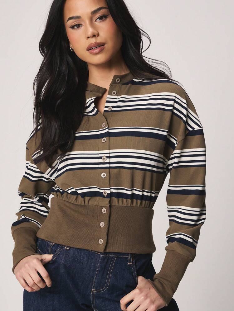MISSGUIDED Striped Button Down Long Sleeve Cardigan Top With Cinched Waist And Crew Neckline For Fall Winter Casual Everyday Wear