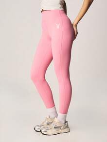 Missguided x Playboy 高腰运动紧身裤，侧边口袋饰有兔子标志，适合健身、跑步、瑜伽等运动，弹力十足。 - 粉色 - 查看 1