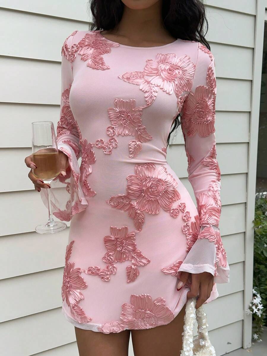 Elamini Women's Sexy & Elegant Light Pink 3D Floral Long Sleeve Backless Mini Dress, Romantic Style For Vacation & Date - Baby Pink - View 1