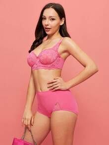 LUVLETTE Woman Lingerie Lounge Curve Balconette Push Up & Breathable Underwire Sexy Unlined Pink Lace Elegance Minimizer Bra Bridal Intimates Romantic Valentine's Day Gifts Bra - Watermelon Pink - View 6