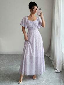Modelyn Women's Lavender Chiffon Floral Print Batwing Sleeve Ruched Sweet French Style Summer Dress - Mauve Purple - View 5