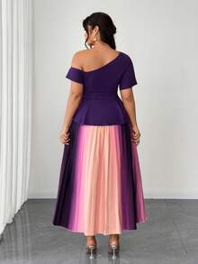 Elenzga Plus Size Women's Summer Elegant Dark Purple Off-Shoulder Cinched Waist Top & Ombre Pleated Skirt 2-Piece Set,Wedding Ninang Outfit For Dates - Multicolor - View 2