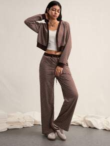 Easelle Bộ đồ nữ thường ngày kẻ sọc nâu, tay dài và quần ống rộng buộc dây phía trước, gồm 2 món. - màu nâu - Xem 1