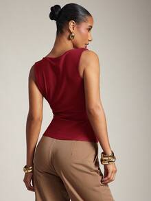 Hauture Women's Basic Casual Office Ruched Shoulder With Gold Decor Cowl Neck Top - Red - View 2