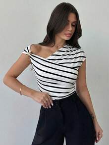Women's Asymmetric Shoulder Wrap Ruched Waist Tight Fit T-Shirt With Metal Decor, Elegant Modest Daily Commute Tops, White, Spring/Summer One Shoulder Top Stripe Top,Summer Top - Black and White - View 3