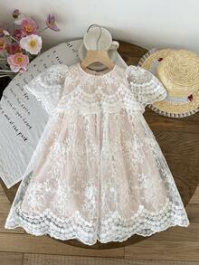 LMoss Kids 女童纯色圆领网纱刺绣休闲连衣裙 - 白色 - 查看 8