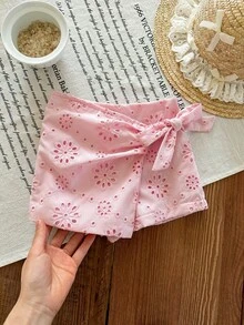 SHEIN LMoss Kids Babygirl Cute Summer Versatile Pink Floral Embroidery Elastic Waist Shorts - Pink - View 1