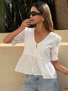 DAZY Women's Embroidered V-Neck Loose Casual Vacation Style Short Sleeve Blouse - White - View 3