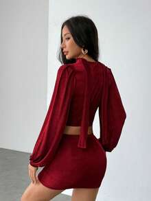 SHEIN PETITE Bộ vest công sở màu đỏ tía thanh lịch, thích hợp cho công sở, mùa thu, mùa đông, màu đỏ, trang phục gợi cảm cho nữ dự tiệc, bộ đồ thanh lịch cho nữ, váy dự tiệc, năm mới, Giáng sinh, Lễ Tạ ơn, váy ôm gợi cảm, váy hẹn hò, váy cổ chữ V sâu, váy dự hộp đêm, váy màu rượu vang đỏ. - Màu Đỏ Sâu - Xem 3