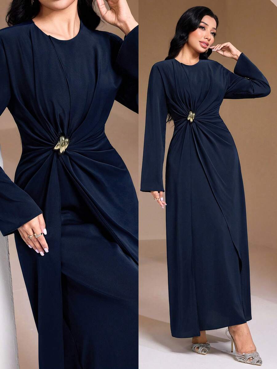 Veilorie Nuevo vestido de fiesta elegante con mangas largas, fruncido y decoración de botones metálicos