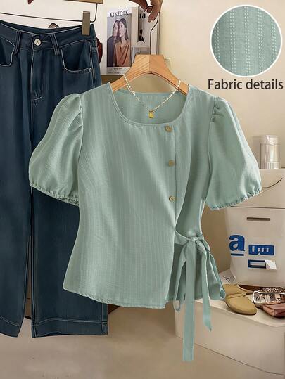 GlowEve CURVE Blusa casual de manga corta con cuello cuadrado, estampado de rayas y textura similar al lino, para mujer de talla grande, para primavera/verano