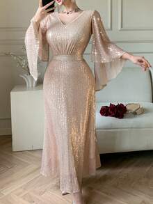 DAZY Women's Elegant Sequin V-Neck Ruffle Sleeve Dress, Summer Carnival Wedding Guest Dress Sparkly Dress Maxi Dress Sundress - Apricot - View 1