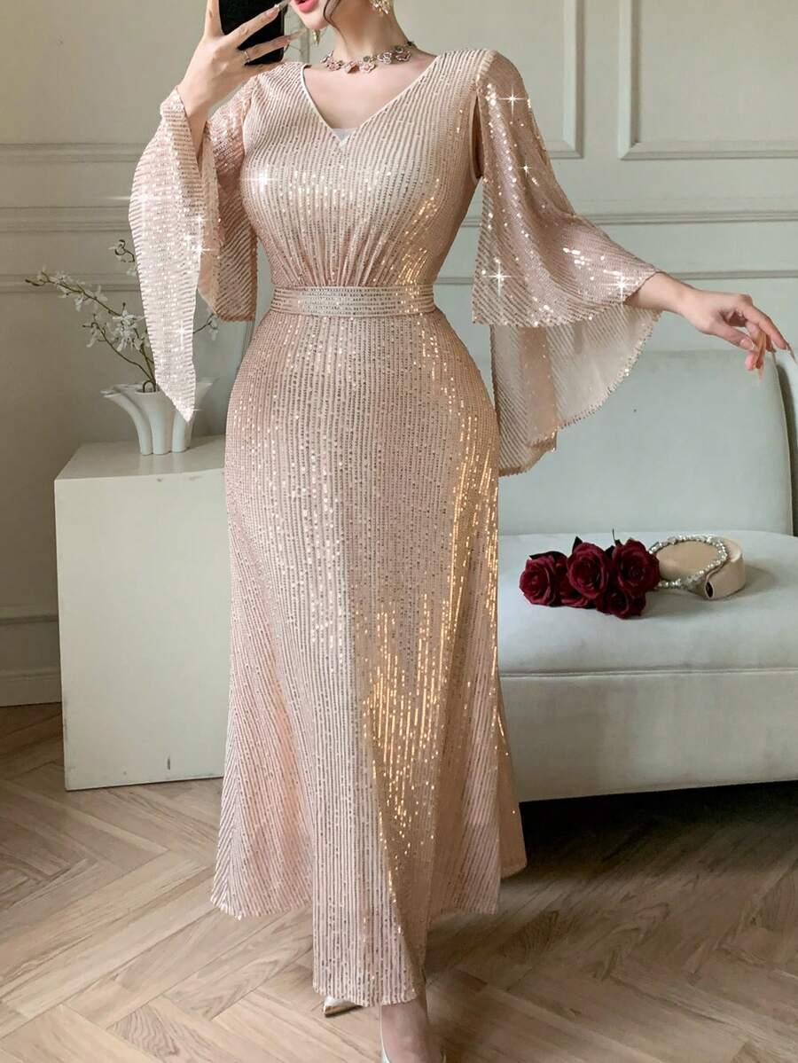 DAZY Women's Elegant Sequin V-Neck Ruffle Sleeve Dress, Summer Carnival Wedding Guest Dress Sparkly Dress Maxi Dress Sundress - Apricot - View 1