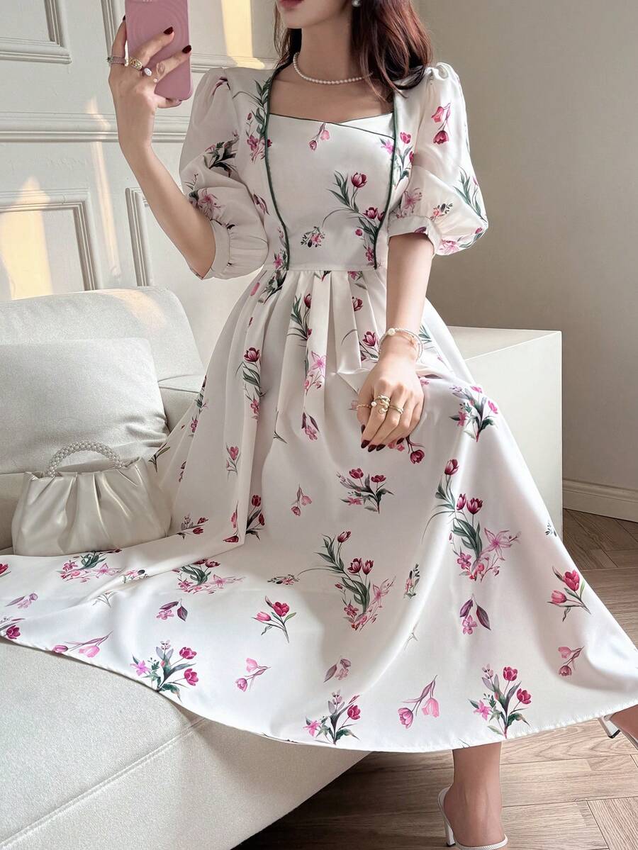 Modelyn 新浪漫法式复古碎花收腰A字休闲派对假日连衣裙 - 彩色 - 查看 1