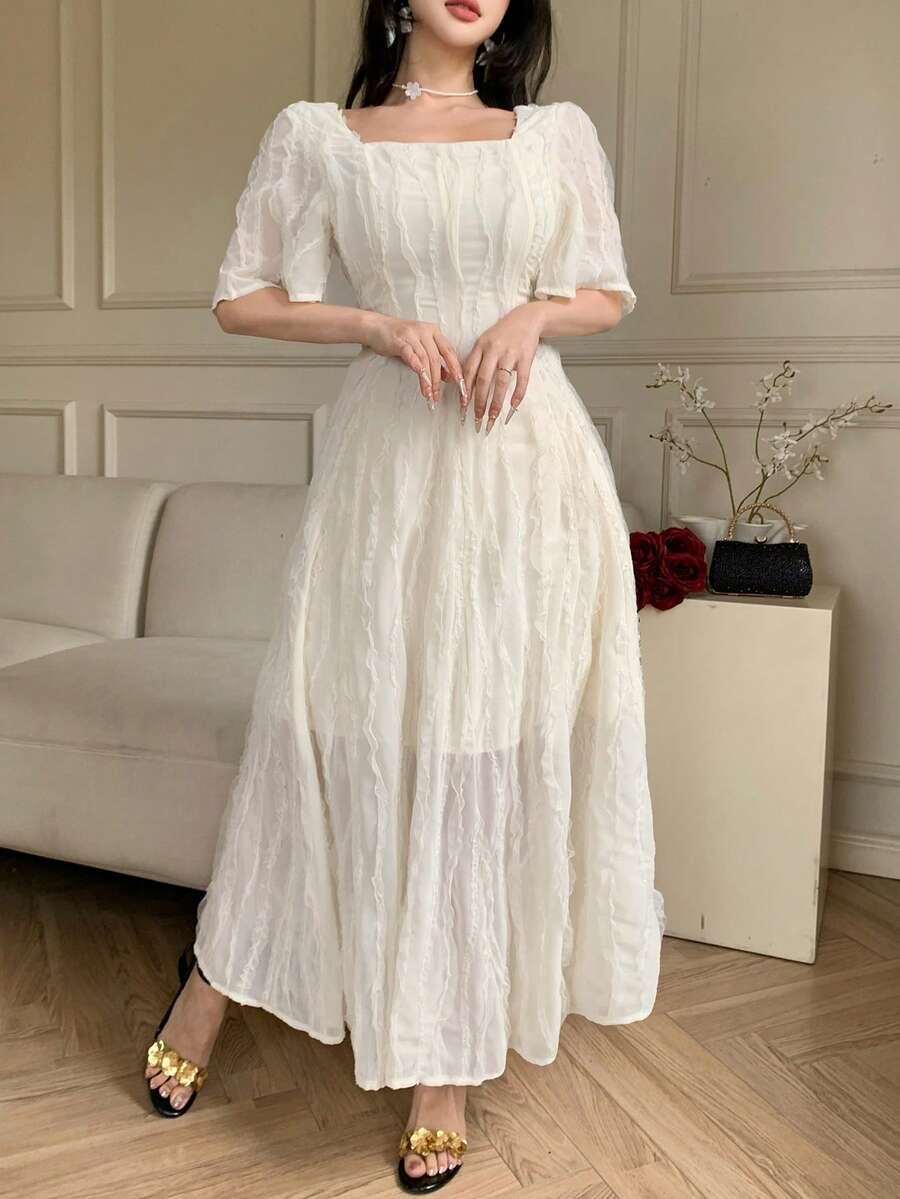 DAZY 女士优雅纯色纹理方领荷叶袖连衣裙,春夏婚礼宾客礼服长款连衣裙 - 米色 - 查看 1