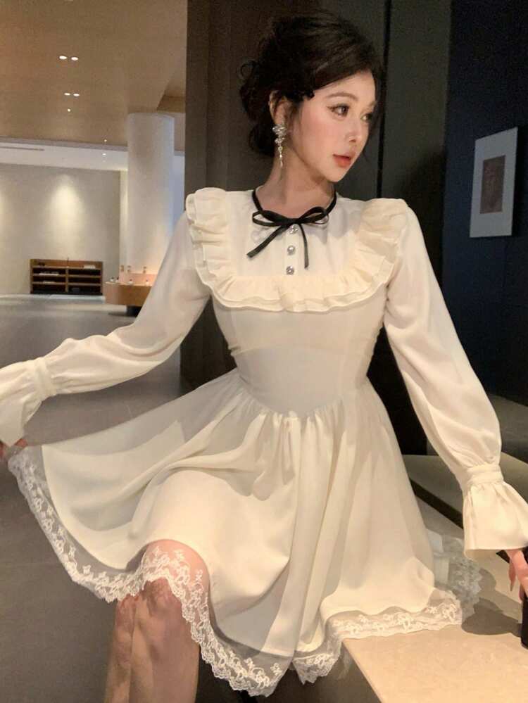 Women's Elegant Colorblock Lace Patchwork Ruffle Hem Short Dress, Spring/Summer Wedding Guest Dress Sundress
