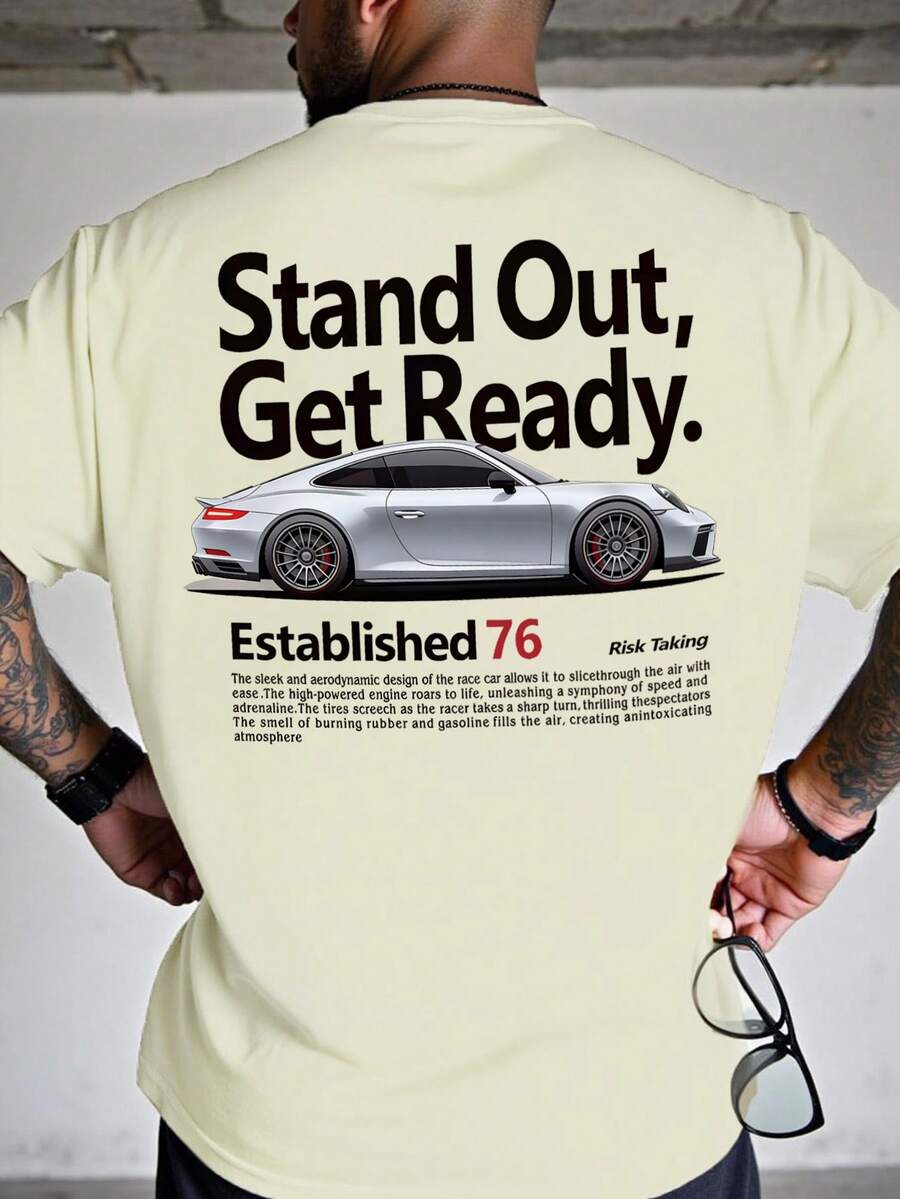 Manfinity Dauomo Kaos Fashion Pria dengan Grafis Mobil Balap yang Cerah - Atasan Lengan Pendek Kasual yang Nyaman untuk Musim Semi dan Musim Panas - Leher Bulat, Kain Lembut, Bernapas, Cepat Kering, dan Bergaya - Khaki - View 1
