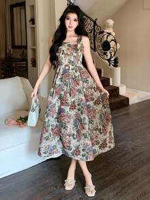 DAZY Women's Elegant Floral Print Sleeveless Dress With Square Neckline, Summer - Apricot - View 4