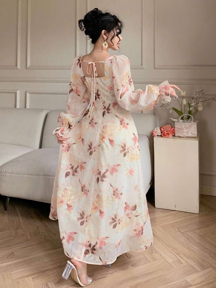 Spring & Summer Ditsy Floral Chiffon Dress, Elegant For Weddings, Parties, Formal Events, Vacation, Beach. Fitted Waist, Flared Sleeves, Tie-Up Design, Long Sleeve Sundress Boho