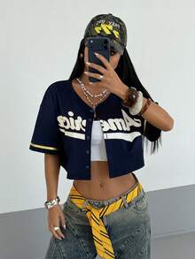 StreetHx Streetwear Women's Letter Graphic Print Short Sleeve Shirt, Spring/Summer - Navy Blue - View 5