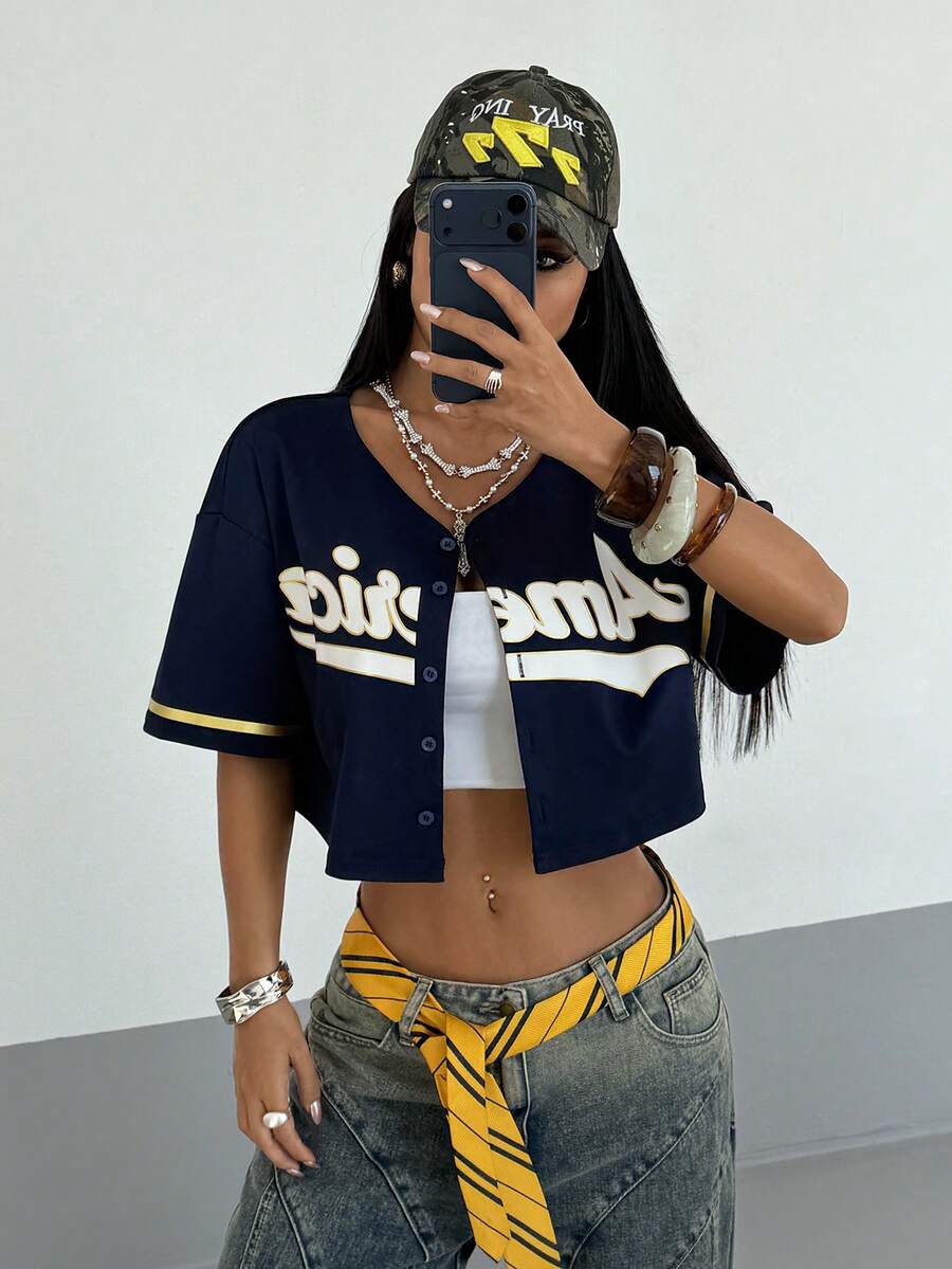 StreetHx 街头风女式字母印花短袖衬衫，春夏款 - 藏蓝色 - 查看 1