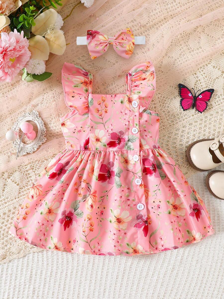 SHEIN Bộ 2 món váy không tay và băng đô in họa tiết hoa màu nước dễ thương cho bé gái, thích hợp cho mùa hè. - Hồng - Xem 1