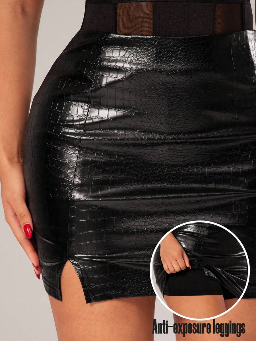 Radiana 女士性感极简黑色蛇纹PU高腰紧身迷你裙纯色褶裥侧开衩弹力PU皮革紧身迷你裙黑色紧身皮革迷你裙百搭黑色迷你裙 - 黑色 - 查看 1