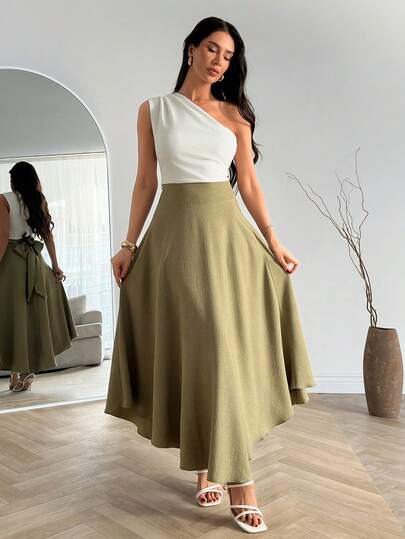 EURMUSE Summer Elegant Commuter Solid Color One-Shoulder Top And Skirt Set
