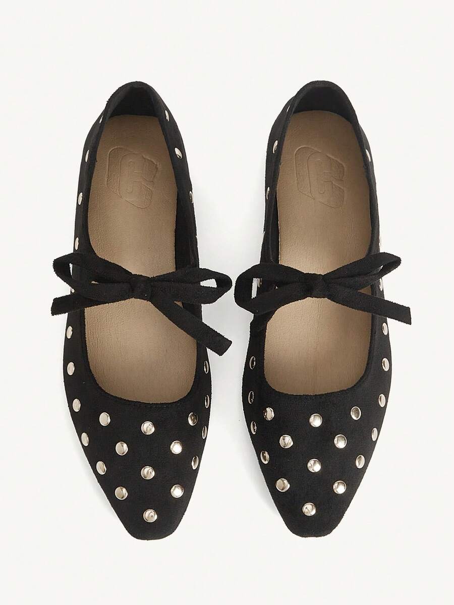 CUCCOO CHICEST Giày bệt mũi vuông thoải mái, màu trơn, họa tiết nơ mới, đa năng cho mùa xuân và mùa thu - màu đen - Xem 1