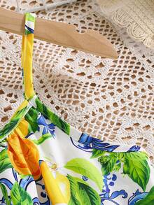 SHEIN 女童清新柠檬多色印花吊带荷叶边下摆休闲度假连衣裙 - 黃色 - 查看 3