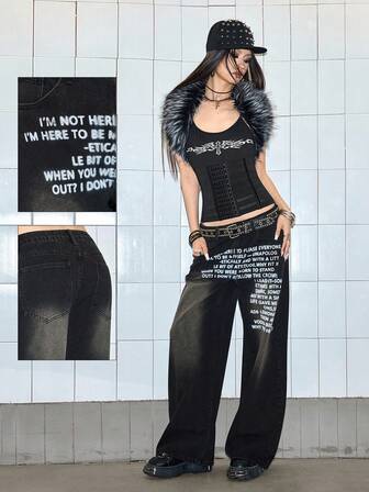 Grunge Punk Jeans casual larghi con tasche e stampa di slogan per donne