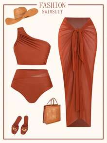 Swim Oasis 大码单肩高腰吊带泳衣套装，带网纱裹裙，三件套度假泳装 - 棕色 - 查看 3