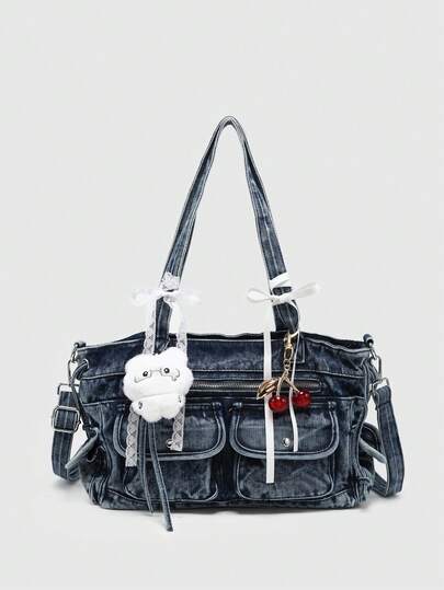 ROMWE Kawaii Women's Vintage Distressed Ombre Camouflage Cross & Heart Pendant Decor Bowknot Strap Shoulder Tote Bag, Large Capacity Shoulder Bag With Multiple Pockets