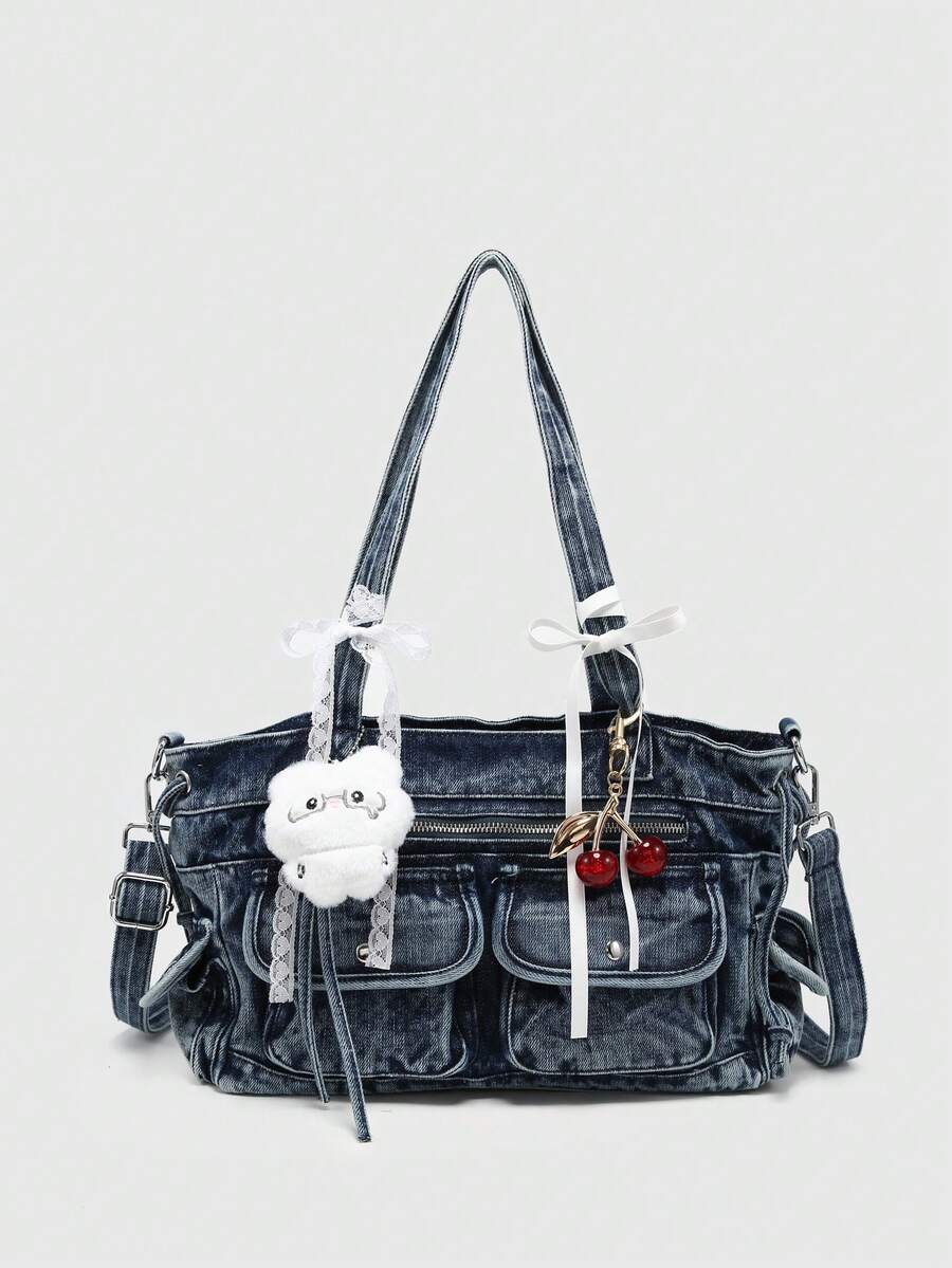ROMWE Kawaii 女士复古做旧渐变迷彩十字架和心形吊坠装饰蝴蝶结肩带手提包，大容量多口袋肩包 - 牛仔藍 - 查看 1